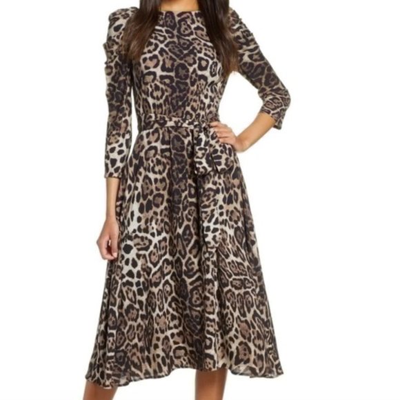 Eliza J Dresses & Skirts - Eliza J Belted Long Sleeve Leopard Print Midi Dress